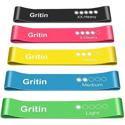Imagen de Gritin Bandas Elásticas Fitness/Bandas de Resistencia, Set 5 Cintas Fitness y Musculación Látex Agradable a la Piel con Guía Ejercicios Español