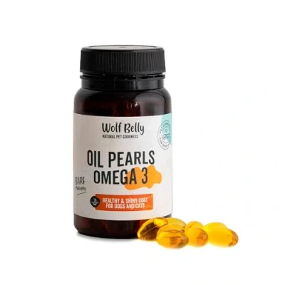 Imagen de Wolf Belly Suplemento Omega 3 Perros y Gatos 100% Natural (60 Perlas) Cápsulas Aceite de Pescado Ricas en DHA EPA, Antiinflamatorio Articulaciones, Pelaje Más Sano Brillante, Cuida Piel Perro
