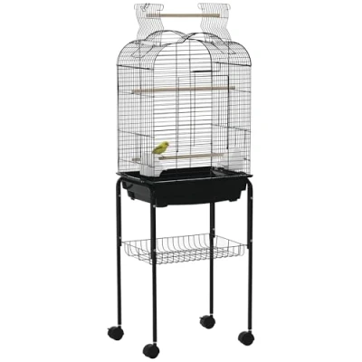 Imagen de PawHut Jaula para Pájaros con Soporte de Aves Canarios 4 Ruedas Techo Abrible 2 Comederos 3 Perchas Bandeja Extraíble y Estante Inferior 46x36x130 cm Negro