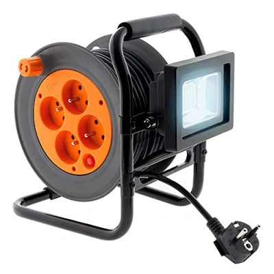 Imagen de Enrollador eléctrico 4 tomas 16A 2P+T con proyector LED de 10W cable HO5VV F 3G1 15 m guía Zenitech
