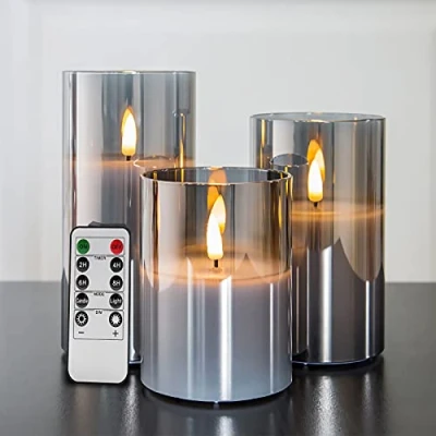 Imagen de Eywamage velas parpadeantes sin llama de cristal gris plateado con control remoto, paquete 3 falsas LED realistas pulgadas alto 4 5 6