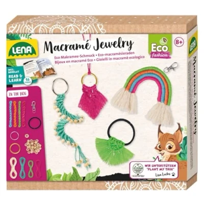 Imagen de Lena 42839 Eco Macramé Jewelry, juego de anudar para niños a partir 8 años, kit manualidades un llavero, collar, una goma el pelo y colgante arco iris, creativo