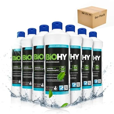 Imagen de BiOHY Limpiador básico (9 botellas de 1 litro) contra la suciedad persistente limpia todas las superficies resistentes al agua y ácido poderoso concentrado (Grundreiniger)