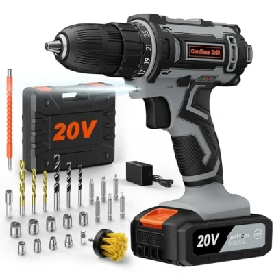 Imagen de Taladro Bateria 20V, Atornillador Batería 42Nm, con 2000mAh, 2 Velocidades, 25+1 Ajuste de Par, Portabrocas 10mm, Accesorios 25Pcs, para Bricolaje y Perforación
