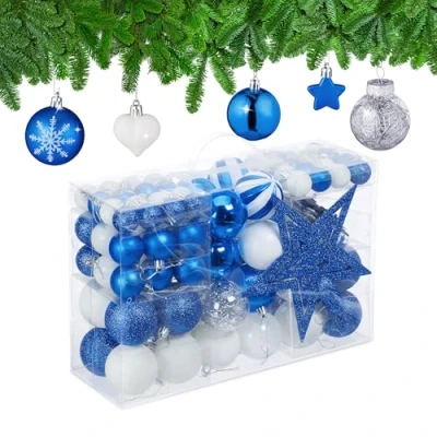 Imagen de Relaxdays Set 101 Bolas Árbol Navidad, Plástico, Adornos Navideños con Bolitas y Estrella, Decoración, Azul/Blanco, Varios tamaños