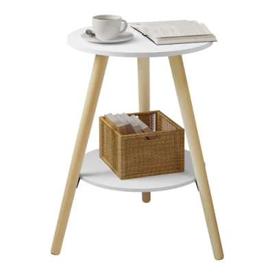 Imagen de EUGAD Mesita de Noche, Auxiliar para Sofa y Cama, Mesa Centro Redondo, Mesillas Noche con 2 Niveles, Dormitorio, Blanco+Madera Original, 38x38x55 cm, 0006CHJ