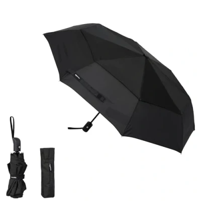 Imagen de Amazon Basics Paraguas compacto de viaje automático, resistente al viento, con sistema ventilación antiviento, Redondo, Negro, tamaño único, 28 x 98 cm