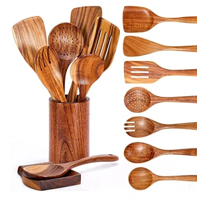 Imagen de Josenidny 9 cucharas de madera para cocinar, utensilios cocinar con soporte utensilios, juego cocina teca