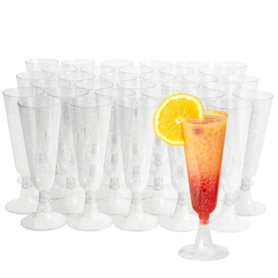 Imagen de MATANA 24 Copas de Champán Plástico con Brillo Plateado, 150ml Flautas Elegante, Resistente y Reutilizable Bodas, Cumpleaños, Navidad, Barbacoas Fiestas