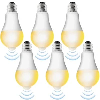 Imagen de Pack de 6 bombillas LED E27 con Sensor movimiento: Bombilla PIR Lámpara 12W blanco cálido 3000K luz ahorro energía para pasillo, garaje, escaleras, balcón