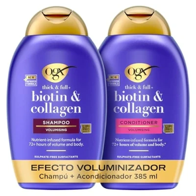 Imagen de OGX set Biotin &amp; Collagen Thick Full+ Shampoo y Conditioner, de champú acondicionador con Biotina Colágeno, texturizador cabello para 72 h volumen, tensioactivos sin sulfatos, 2x385 ml