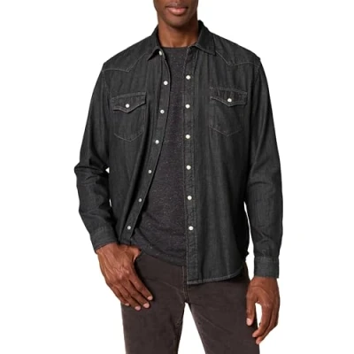 Imagen de Amazon Essentials Camisa de Denim Manga Larga y Ajuste Normal Hombre, Negro, XS