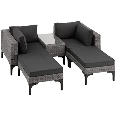 Imagen de TecTake® Conjunto Jardín en Ratán y Aluminio con Cojines, Terraza Resistente a la Intemperie, Muebles Exterior 2 Sillones, Taburetes, 1 Mesa Cristal, Fundas Extraíbles Gris