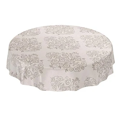 Imagen de ANRO Mantel de Hule, Encerado, Lavable, diseño Barroco, arabesco, Redondo, 140 cm, Color Beige Fresco