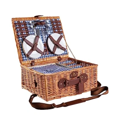 Imagen de eGenuss Cesta de Mimbre para Picnic 4 Personas con Correa Hombro Desmontable, Cubiertos Acero Inoxidable, refrigerador, Copas Vino y Platos en Porcelana Azul