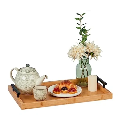 Imagen de Relaxdays Bandeja de Bambú con Asas Acero, Rectangular, Servir el Desayuno, Cocina, Decorativa, 7 x 50 30 cm, Natural