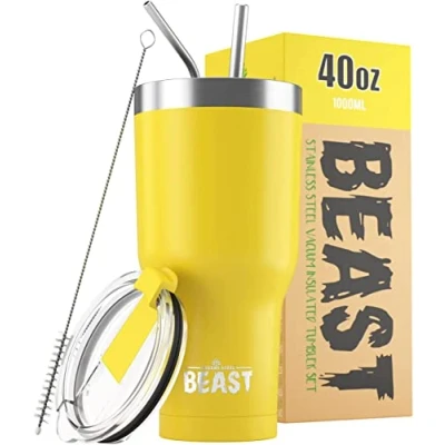 Imagen de Greens Steel BEAST Termo Café para Llevar 1050ml I Limón Taza Térmica de Acero Inoxidable Reusable Viajera Doble Pared al Vacío 2 Pajitas y Cepillo Limpieza