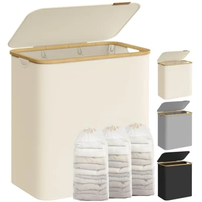 Imagen de SONGMICS Cesto de Ropa Sucia con Tapa, Gran Cesta Colada 3 Secciones, 150 L, Forro Malla Extraíble, Tejido Oxford, Asas Bambú, Plegable, 60 x 38,5 70,5 cm, Blanco Crema LCB515W01