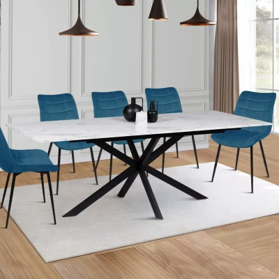 Imagen de IDMarket Mesa de comedor extensible rectangular Alix 6 10 personas, pie araña metal, color negro, bandeja efecto mármol blanco Alaska 160 200 cm
