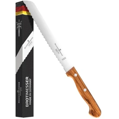 Imagen de Schwertkrone Solingen Cuchillo de pan con filo ondulado y mango madera olivo, hoja 20 cm, acero inoxidable, fabricado en Alemania