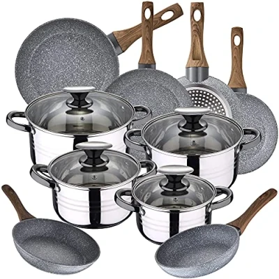 Imagen de Bateria de cocina 8 piezas SAN IGNACIO Dina, acero inoxidable, con juego sartenes (18/20/22/24/26/28 cm) Daimiel en aluminio forjado