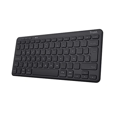 Imagen de Trust Lyra Teclado Bluetooth QWERTY Español, 85% Plástico Reciclado, Multidispositivo, Inalámbrico Compacto Recargable para Windows, Mac, PC, Portátil, Tablet, iPad, Android, iOS, Negro