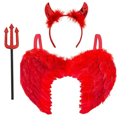 Imagen de REDSTAR FANCY DRESS Disfraz Mujer Diablo 3 Piezas Cuernos Diabla de Diadema, Tridente y Alas Rojas Demonio Plumas Halloween Disfraces Miedo Diablesa para Fiestas Carnaval