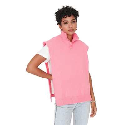 Imagen de Trendyol Suéter de Punto básico con Cuello Alto y Ajuste Regular para Mujer, Rosa, S