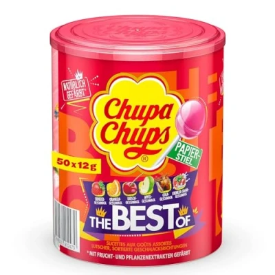 Imagen de Chupa Chups Tubo 50 Sucettes The Best Of à la Pulpe de Fruit + Cola et Milky Idéal pour Fêtes d&#039;Anniversaires Présentoir Décoratif Original Boite 0,6 Kg