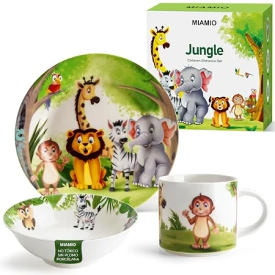 Imagen de MIAMIO Juego de 3 vajillas Para niños/Porzellan Platos niños, vajilla infantil Incluye plato, cuenco y taza niños e infantes (Jungla)