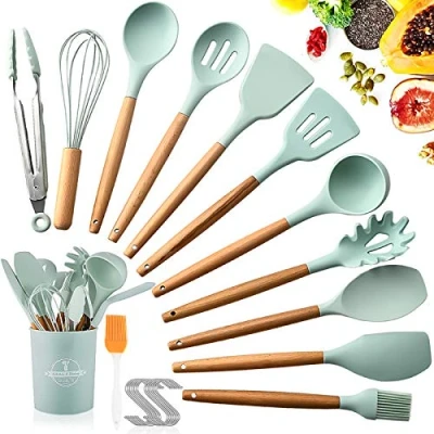 Imagen de SaiXuan Utensilios Cocina de Silicona, Antiadherente con Mango Madera,No Tóxicas Resistentes Al Calor, 12 Piezas+12 S Ganchos