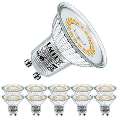 Imagen de EACLL Bombillas LED GU10 Blanco Cálido 6.5W Equivalente 90W Halógena, Pack de 10, Focos Sin Parpadeo AC 230V, 3000K 680 Lúmenes 120 Spotlight, Lámparas Reflectoras Más Cortas no Regulables