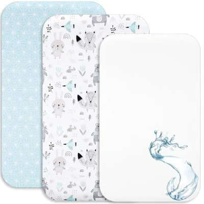 Imagen de Lovely Hippo 2 Sabanas minicuna Colecho 100% Algodon + 1 Protector de colchón Impermeable para Bebe 50x83cm Compatible con cunas, colchon (Animales Azules, 50 x 83 cm)
