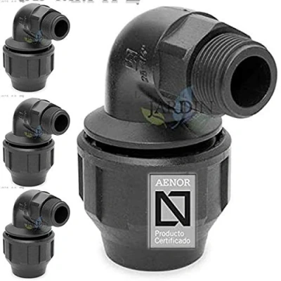 Imagen de Suinga 4 x CODO MACHO POLIETILENO 25MM 3/4&quot;. Producto con certificado AENOR utilizado en tuberías PE 25 mm para uso fontanería, riego y obras.