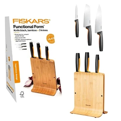 Imagen de Fiskars Bloque de bambú para cuchillos diseño con 3 cuchillos, Functional Form, Incluye Cuchillo verduras, chef Santoku y cocina, Plástico, Bambú, 1057553