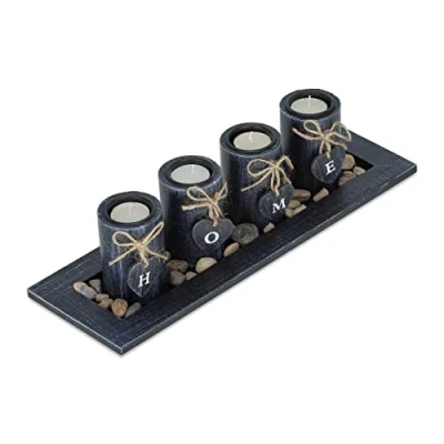 Imagen de Relaxdays Portavelas con Bandeja y Piedras Decorativas, 39,5 cm Largo, Centro Mesa Salón, Candeleros «Home», Negro