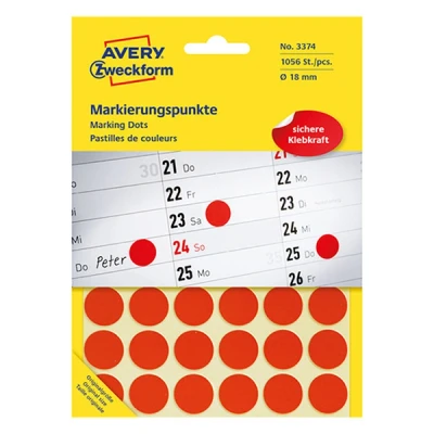Imagen de Avery 3374 Círculo Rojo 1056pieza(s) Etiqueta autoadhesiva (Rojo, Círculo, Papel, 1,8 cm, 48 pieza(s), 1056 pieza(s))