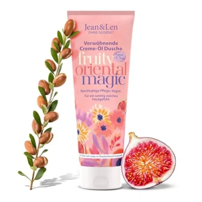 Imagen de Jean &amp; Len Pampering Cream Oil Shower Argan Fig, adecuado para el cuidado diario, gel de ducha con aceite argán y extracto higo, sin parabenos ni siliconas, vegano, 250 ml