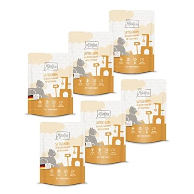Imagen de MjAMjAM comida húmeda premium para gatos Quetschie jugoso pollo con deliciosas zanahorias, pack de 6 (6 x 300 g), sin cereales extra carne