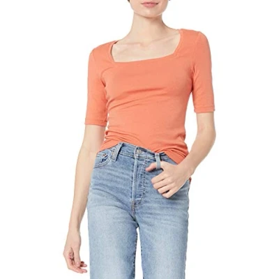 Imagen de Amazon Essentials Camiseta Entallada con Media Manga y Cuello Cuadrado Mujer, Naranja Óxido, XS