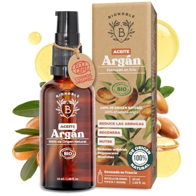 Imagen de Bionoble Aceite de Argán Orgánico 50ml 100% Puro, Natural y Prensado en Frío Rostro, Cuerpo, Cabello, Barba, Uñas Vegano Cruelty Free Botella Vidrio + Pipeta Bomba
