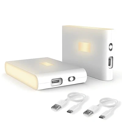 Imagen de Puhui luz nocturna LED con detector de movimiento, [2 unidades] recargable USB para niños 3 modos (automático/ON/OFF), 2700 K, blanca cálida, lámpara noche dormitorio,