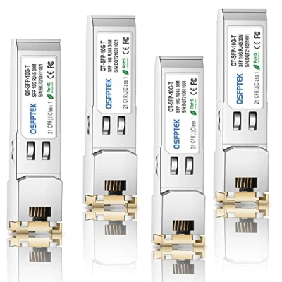 Imagen de QSFPTEK 4Pack 10GBASE T SFP+ Copper RJ45 Módulo Transceptor, hasta 30m Cat6a/Cat7 Cable Fibra 10G para Cisco SFP S, Ubiquiti UF 10G, Netgear, D Link, Mikrotik, Supermicro, TP Linksys