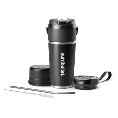 Imagen de nutribullet Flip, Licuadora Portátil con Vaso Termo de 590ml, Conserva el Frío 24h, Tritura Hielo, Incluye Tapa y Pajita, Carga USB C, Acero Inoxidable, Negro, NBP016B
