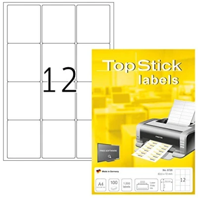 Imagen de TopStick 8726 etiquetas autoadhesivas universales A4 (63,5 x 72 mm, papel) 100 hojas, 12 por hoja, 1200 etiquetas, para impresoras inkjet y láser