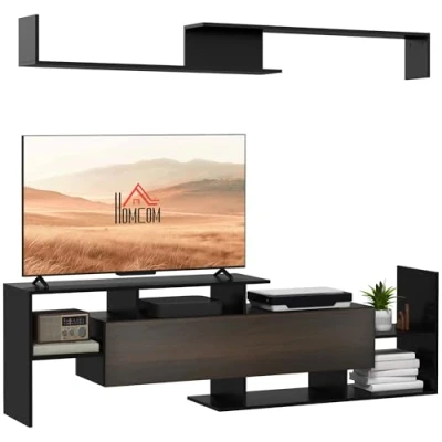 Imagen de HOMCOM Muebles de Salón Conjunto TV para Televisiones Pared hasta 65&quot; o Pie 40&quot;con Mesa Televisor 153,6x25x42 cm y Estante 150x14,5x16,3 Negro Marrón