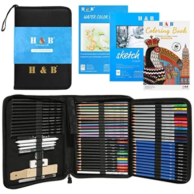 Imagen de H &amp; B 75 lapices dibujo,kit dibujo,lapices de colores profesionales,suministros arte con cuaderno dibujo, grafito, carbón, lápices dibujo para adultos artista