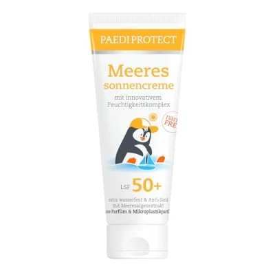 Imagen de PAEDIPROTECT Crema solar marina para niños y bebés, SPF 50+ 75 ml, sin perfume resistente al agua, factor de protección el cuerpo la cara, contra radiación UVA/UVB, vegana