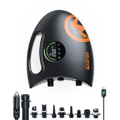 Imagen de OutdoorMaster Bomba de aire SUP recargable alta presión 20 PSI, 88.8 Wh, tiburón eléctrico 2S, apagado automático y desinflación, entrada 12 V CC tipo C, para tablas remo inflables,