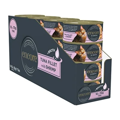 Imagen de Encore Alimento para Gatos 100% Natural, atún con camarones, en Lata de Caldo, 70 g (Paquete 16)